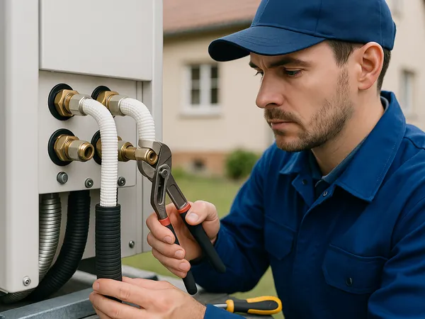 Technicien raccordant une PAC air/eau